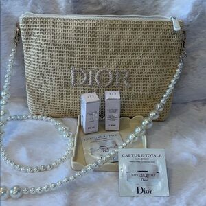 Dior Capture Totale Sample Set with Tan Woven Clutch with Pearl Crossbody Strap
